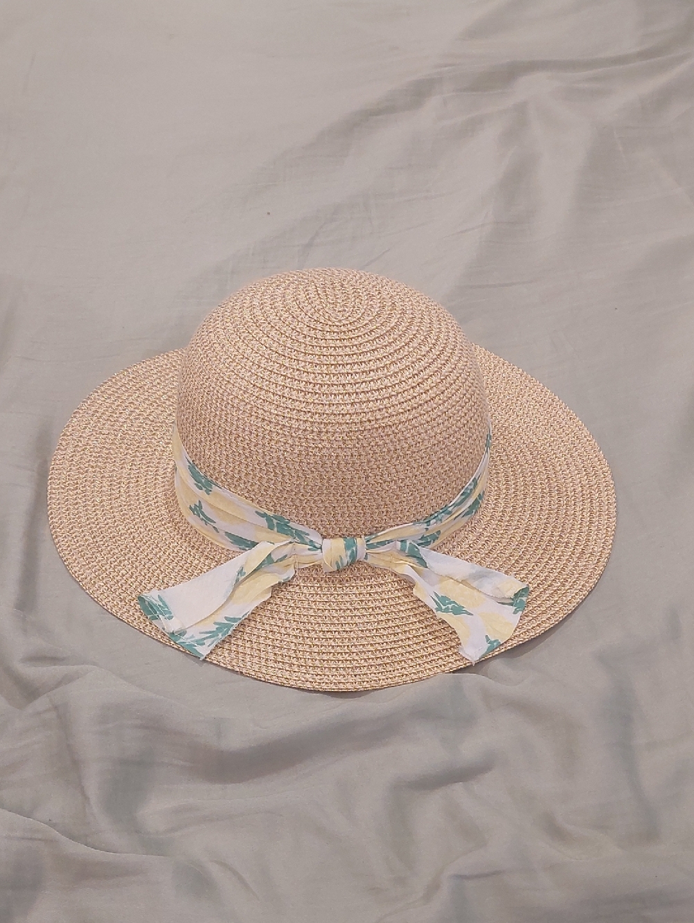 Women’s Straw Sun Hat with Floral Scarf Band - Natural